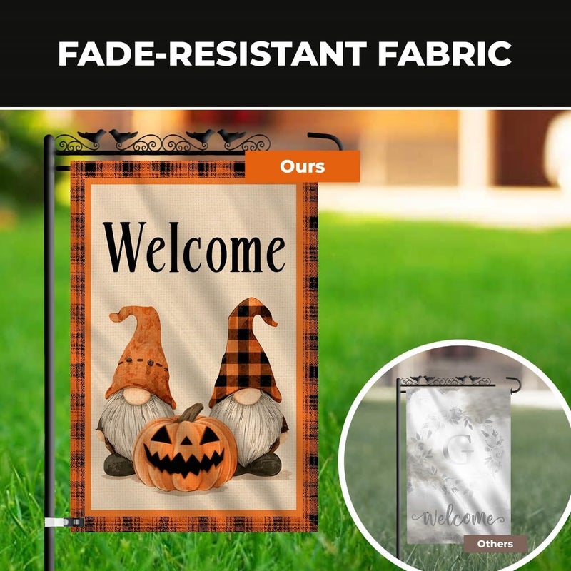 KarvePro Welcome Halloween Garden Flag with Gnome and Pumpkin – 12x18 Double Sided Burlap Halloween Flag for Outside – Fall Yard Decor for Garden or Porch - Image 5